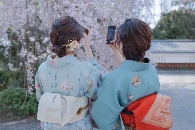 桜の下で着物姿の女性たちが写真を撮る様子